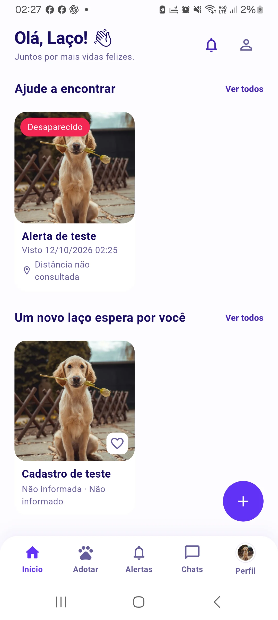 Captura real do app Android de staging 0.1.4+5 em conta de teste
