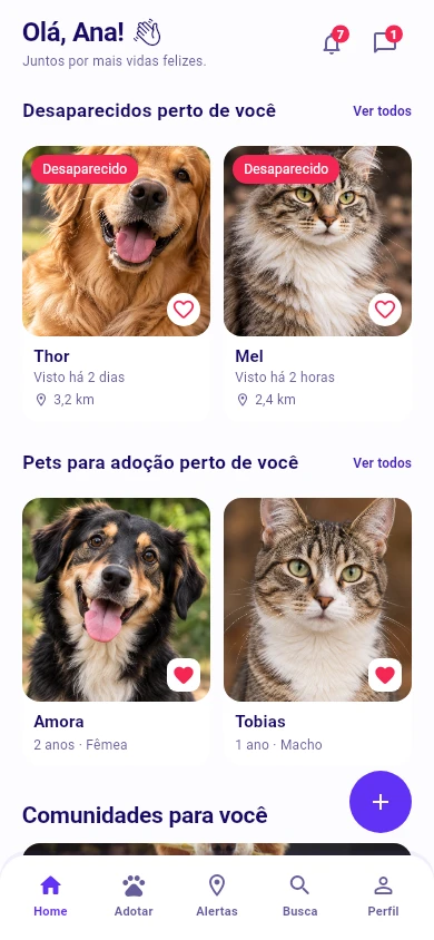Início do app com animais e dados de demonstração